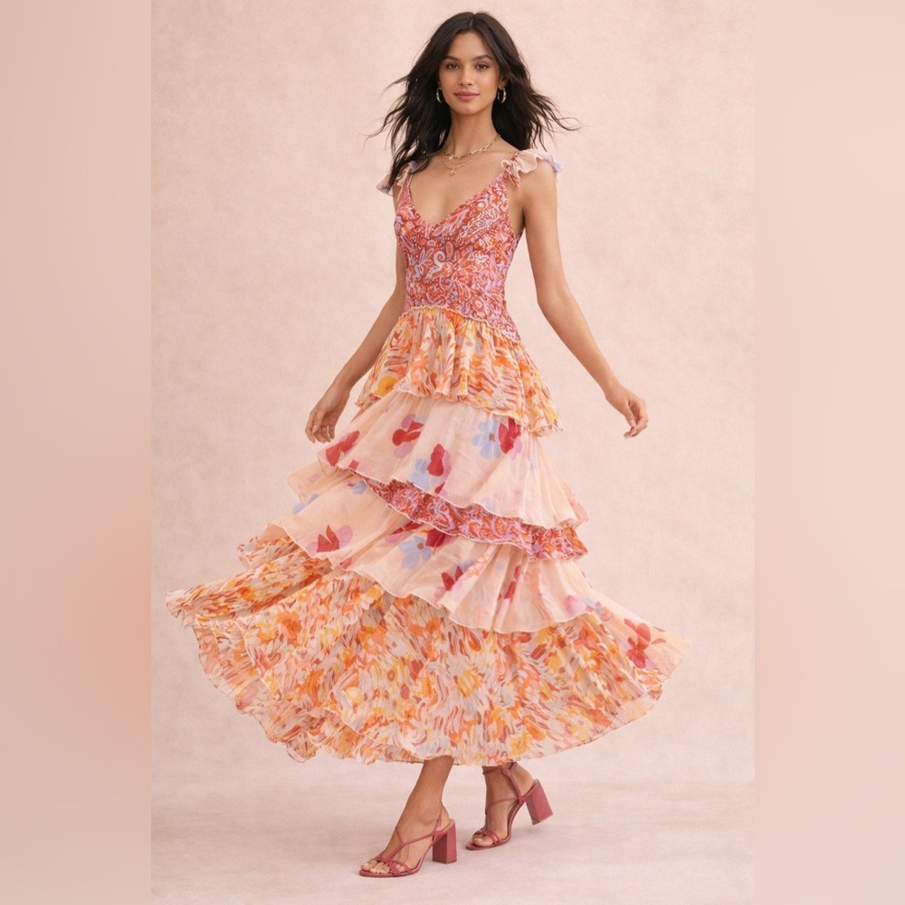 Free People Coraline Tiered Maxi Dress Boho Floral Pink Ruffle Size 0 - Picture 3 of 16
